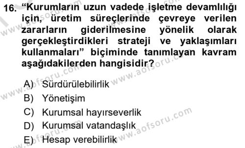 Halkla İlişkilerde Güncel Kavramlar 1 Dersi 2021 - 2022 Yılı (Final) Dönem Sonu Sınavı 16. Soru