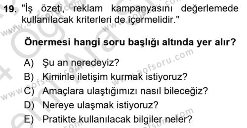 Reklamda Yaratıcılık Dersi 2023 - 2024 Yılı (Vize) Ara Sınavı 19. Soru