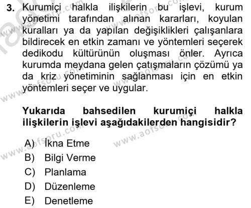 Kurumiçi Halkla İlişkiler Dersi 2023 - 2024 Yılı (Vize) Ara Sınavı 3. Soru