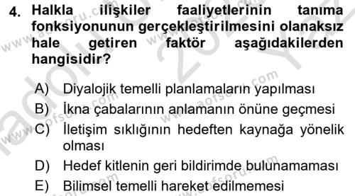 Lobicilik Ve Halkla İlişkiler Dersi 2020 - 2021 Yılı Yaz Okulu Sınavı 4. Soru