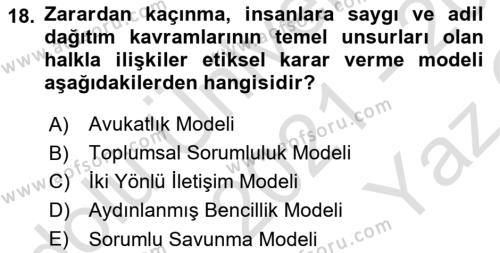 Lobicilik Ve Halkla İlişkiler Dersi 2021 - 2022 Yılı Yaz Okulu Sınavı 18. Soru