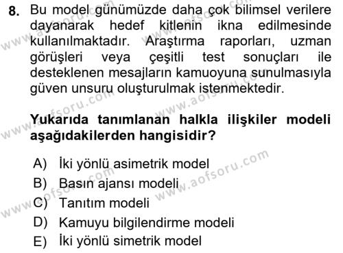 Kamu Diplomasisi Ve Uluslararası Halkla İlişkiler Dersi 2021 - 2022 Yılı (Vize) Ara Sınavı 8. Soru