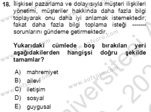 Hizmet Pazarlaması Dersi 2020 - 2021 Yılı Yaz Okulu Sınavı 18. Soru