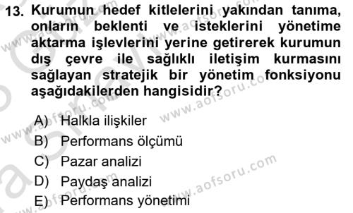 Halkla İlişkiler Kampanya Analizi Dersi 2022 - 2023 Yılı (Vize) Ara Sınavı 13. Soru