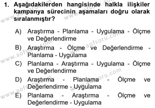 Halkla İlişkiler Kampanya Analizi Dersi 2023 - 2024 Yılı (Vize) Ara Sınavı 1. Soru