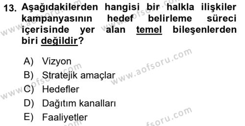 Halkla İlişkiler Kampanya Analizi Dersi 2023 - 2024 Yılı (Vize) Ara Sınavı 13. Soru