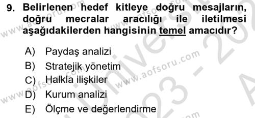 Halkla İlişkiler Kampanya Analizi Dersi 2023 - 2024 Yılı (Vize) Ara Sınavı 9. Soru