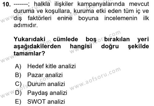 Halkla İlişkiler Kampanya Analizi Dersi 2024 - 2025 Yılı (Vize) Ara Sınavı 10. Soru