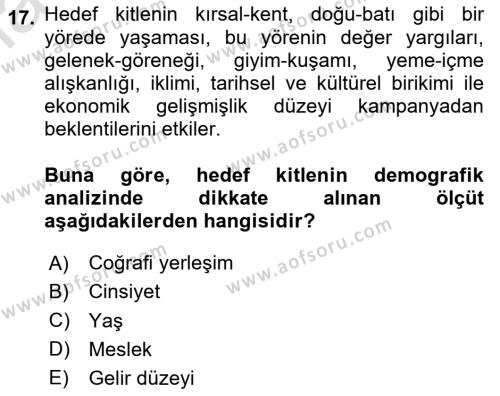 Halkla İlişkiler Kampanya Analizi Dersi 2024 - 2025 Yılı (Vize) Ara Sınavı 17. Soru