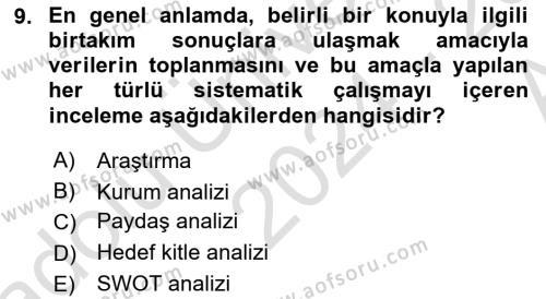 Halkla İlişkiler Kampanya Analizi Dersi 2024 - 2025 Yılı (Vize) Ara Sınavı 9. Soru