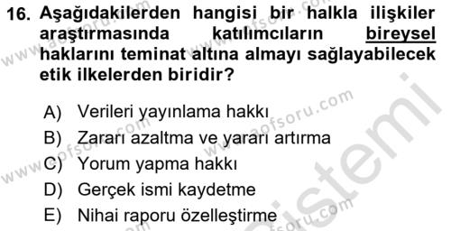 Halkla İlişkiler Araştırmaları Dersi 2022 - 2023 Yılı Yaz Okulu Sınavı 16. Soru