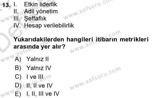 İtibar Yönetimi Dersi 2018 - 2019 Yılı 3 Ders Sınavı 13. Soru