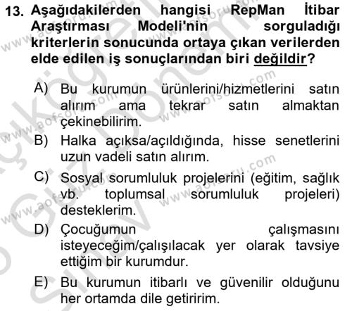 İtibar Yönetimi Dersi 2024 - 2025 Yılı (Vize) Ara Sınavı 13. Soru