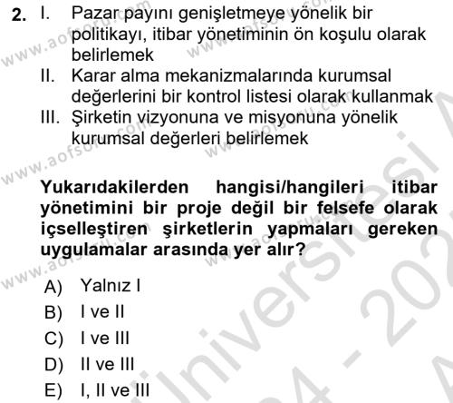 İtibar Yönetimi Dersi 2024 - 2025 Yılı (Vize) Ara Sınavı 2. Soru