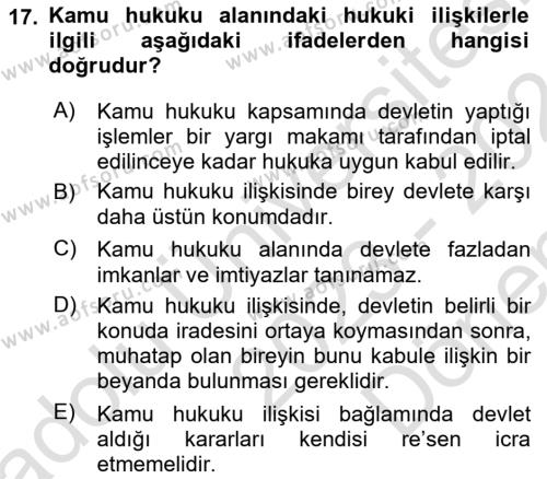 Hukukun Temel Kavramları Dersi 2023 - 2024 Yılı (Final) Dönem Sonu Sınavı 17. Soru