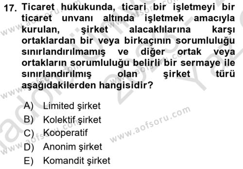 Hukukun Temel Kavramları Dersi 2023 - 2024 Yılı Yaz Okulu Sınavı 17. Soru