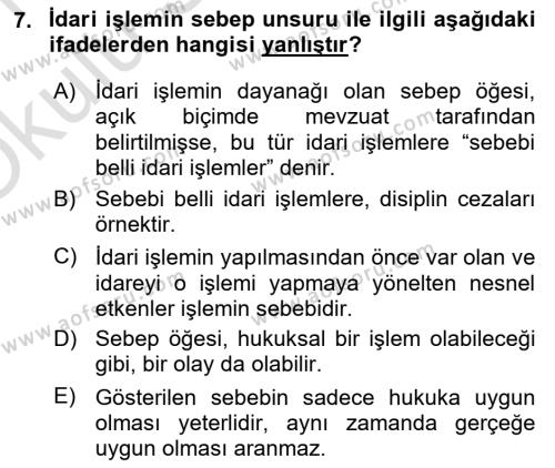 İdare Hukukuna Giriş Dersi 2020 - 2021 Yılı Yaz Okulu Sınavı 7. Soru