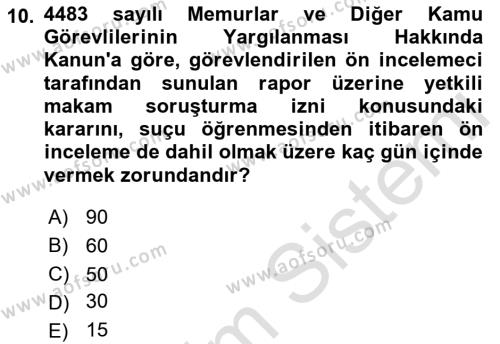 İdare Hukukuna Giriş Dersi 2023 - 2024 Yılı (Vize) Ara Sınavı 10. Soru