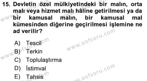 İdare Hukukuna Giriş Dersi 2024 - 2025 Yılı (Vize) Ara Sınavı 15. Soru