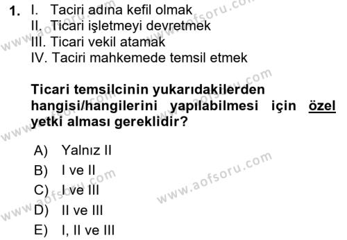 İşletme Hukuku Dersi 2023 - 2024 Yılı (Vize) Ara Sınavı 1. Soru