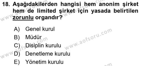 İşletme Hukuku Dersi 2023 - 2024 Yılı (Vize) Ara Sınavı 18. Soru