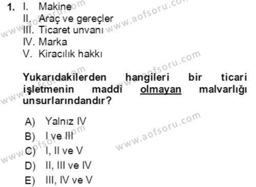 İşletme Hukuku Dersi 2023 - 2024 Yılı Yaz Okulu Sınavı 1. Soru