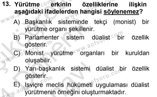 Türk Anayasa Hukuku Dersi 2013 - 2014 Yılı Tek Ders Sınavı 13. Soru