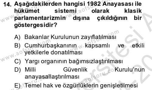 Türk Anayasa Hukuku Dersi 2014 - 2015 Yılı Tek Ders Sınavı 14. Soru
