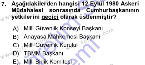 Türk Anayasa Hukuku Dersi 2015 - 2016 Yılı (Vize) Ara Sınavı 7. Soru