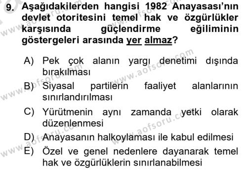 Türk Anayasa Hukuku Dersi 2016 - 2017 Yılı (Vize) Ara Sınavı 9. Soru