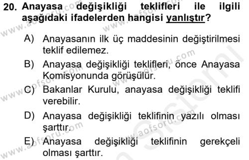 Türk Anayasa Hukuku Dersi 2017 - 2018 Yılı (Final) Dönem Sonu Sınavı 20. Soru