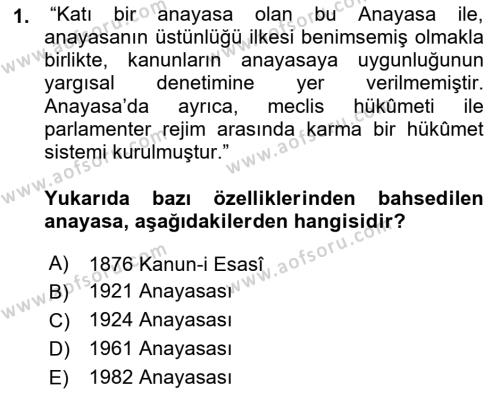 Türk Anayasa Hukuku Dersi 2018 - 2019 Yılı (Vize) Ara Sınavı 1. Soru
