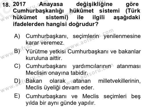Türk Anayasa Hukuku Dersi 2018 - 2019 Yılı (Vize) Ara Sınavı 18. Soru