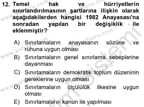 Türk Anayasa Hukuku Dersi 2019 - 2020 Yılı (Vize) Ara Sınavı 12. Soru