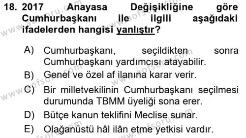 Türk Anayasa Hukuku Dersi 2019 - 2020 Yılı (Vize) Ara Sınavı 18. Soru