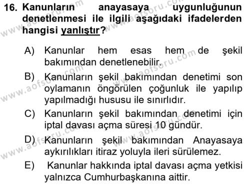 Türk Anayasa Hukuku Dersi 2019 - 2020 Yılı (Final) Dönem Sonu Sınavı 16. Soru