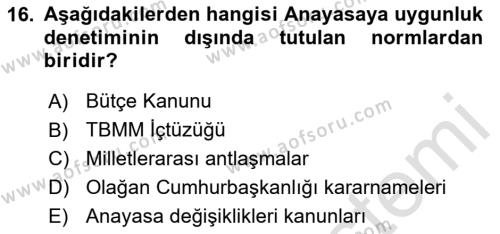 Türk Anayasa Hukuku Dersi 2020 - 2021 Yılı Yaz Okulu Sınavı 16. Soru
