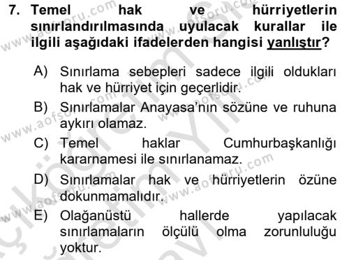 Türk Anayasa Hukuku Dersi 2020 - 2021 Yılı Yaz Okulu Sınavı 7. Soru