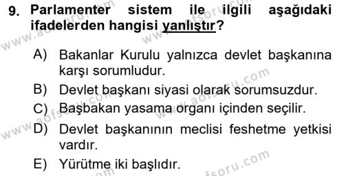 Türk Anayasa Hukuku Dersi 2020 - 2021 Yılı Yaz Okulu Sınavı 9. Soru