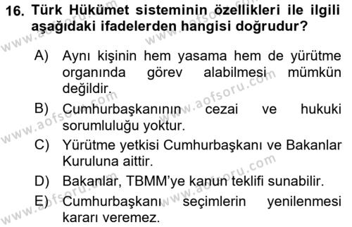 Türk Anayasa Hukuku Dersi 2021 - 2022 Yılı (Vize) Ara Sınavı 16. Soru