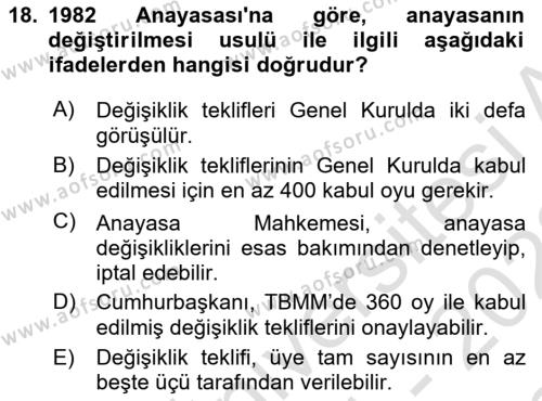 Türk Anayasa Hukuku Dersi 2021 - 2022 Yılı (Final) Dönem Sonu Sınavı 18. Soru