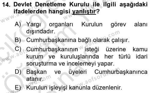 Türk Anayasa Hukuku Dersi 2021 - 2022 Yılı Yaz Okulu Sınavı 14. Soru