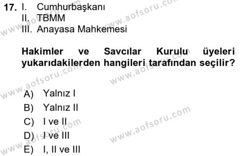 Türk Anayasa Hukuku Dersi 2021 - 2022 Yılı Yaz Okulu Sınavı 17. Soru