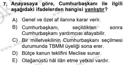 Türk Anayasa Hukuku Dersi 2021 - 2022 Yılı Yaz Okulu Sınavı 7. Soru