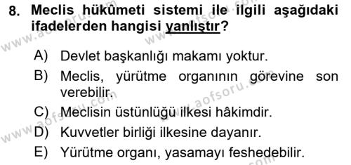 Türk Anayasa Hukuku Dersi 2021 - 2022 Yılı Yaz Okulu Sınavı 8. Soru