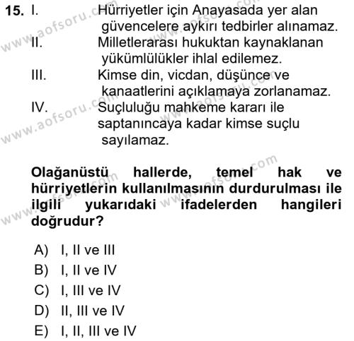 Türk Anayasa Hukuku Dersi 2022 - 2023 Yılı (Vize) Ara Sınavı 15. Soru