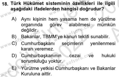 Türk Anayasa Hukuku Dersi 2022 - 2023 Yılı (Vize) Ara Sınavı 18. Soru