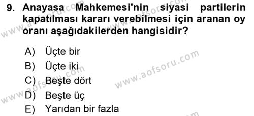 Türk Anayasa Hukuku Dersi 2022 - 2023 Yılı (Vize) Ara Sınavı 9. Soru