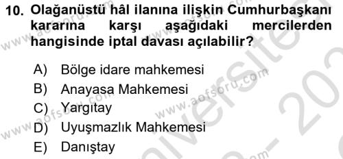 Türk Anayasa Hukuku Dersi 2022 - 2023 Yılı Yaz Okulu Sınavı 10. Soru