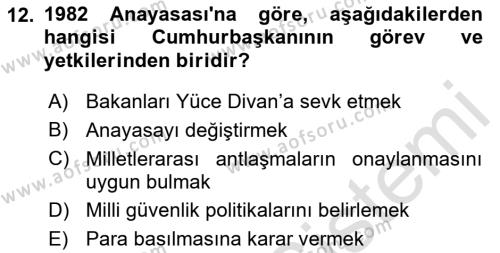 Türk Anayasa Hukuku Dersi 2022 - 2023 Yılı Yaz Okulu Sınavı 12. Soru